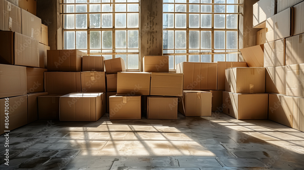 Poster cardboard boxes piled up in a room with natural light casting shadows, concept of move or delivery. 