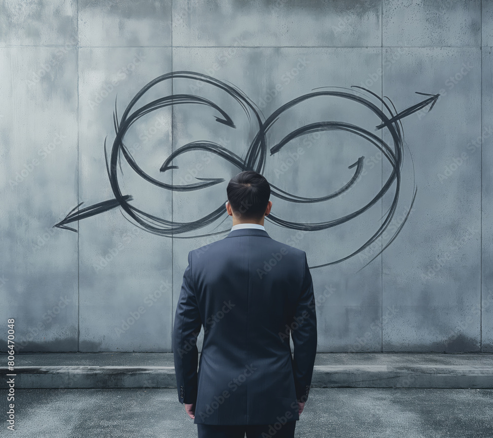 Poster a businessman in front of a wall with tangled arrows, symbolizing complex thinking or decision-makin