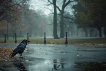 A solitary black crow in the rain and gloomy weather in the park.  The concept of loneliness, rejection in society, or just dreary autumn weather