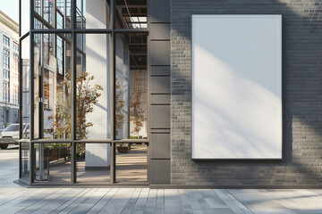 Empty billboard on a building's brick wall, mockup for advertisement, on a city street in daylight, Generative AI.