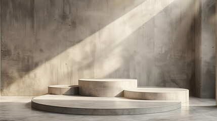 Circular concrete podiums in a room with sunlight, simplistic background, perfect for showcasing products. Generative AI