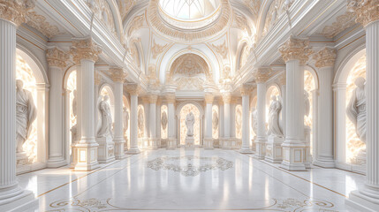 Naklejka premium A lavish white hall with ornate details, marble statues, and an elaborate ceiling dome, set in warm light, depicting luxury and elegance. Generative AI