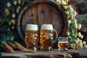 A wooden beer barrel with beer glasses placed beside it, hops, and a wheat ear. Photo for Oktoberfest.