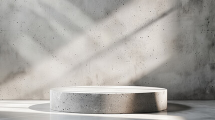 A minimalist concrete podium for product display set against a textured concrete wall with natural light shadows, Generative AI.