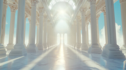 Naklejka premium A grand interior with white marble columns, bathed in light from an ethereal glow, evoking a sense of serenity and majesty. Generative AI