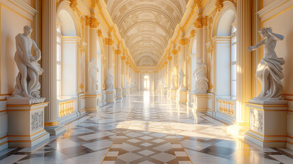 Naklejka premium An elegant white hall with marble statues and intricate architecture on a sunny background, concept of grandeur. Generative AI