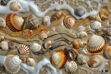 Capturing the intricate patterns of seashells and pebbles in the sand, evoking a sense of serenity and natural beauty