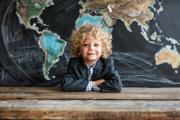 A smiling boy sitting in front of a blackboard with a world map, concept of global education, Generative AI.