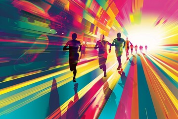 A diverse group of individuals are seen running through a vibrant and colorful tunnel. Generative AI