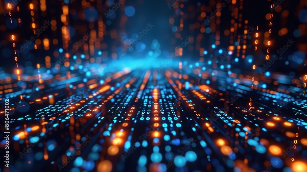Poster a computer technology background with glowing data streams and digital matrix