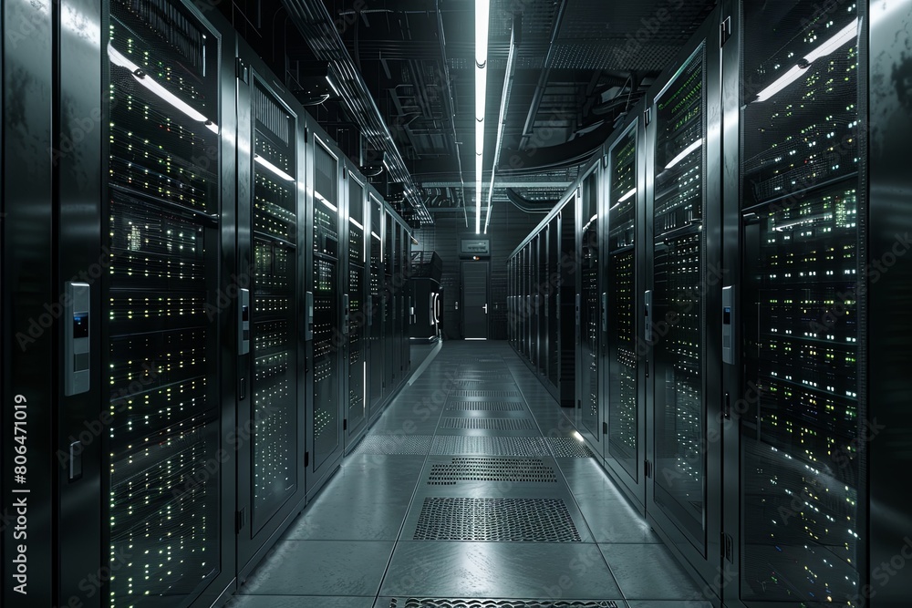Poster multiple rows of servers neatly arranged in a data center, showcasing technology and connectivity. g