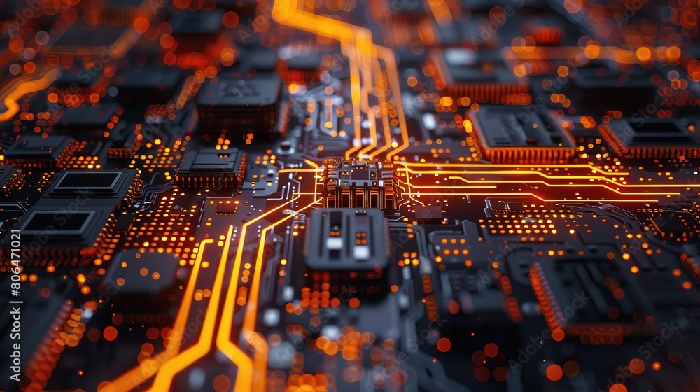 Poster computer technology background with intricate microchips and digital components, highlighting the pr