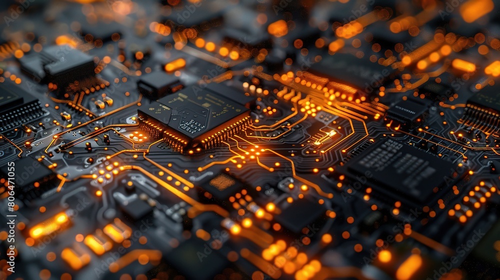 Poster computer technology background with intricate microchips and digital components, highlighting the pr