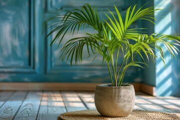 decorative date palm grows in the house in a pot. The concept of caring for a plant, in particular a house palm tree