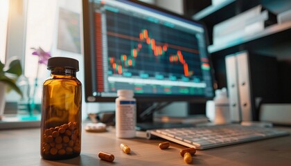 stress-relief pills in the foreground with stock market charts on a computer screen depicting the stressful nature of trading and investment Concept of managing stress in financial environments