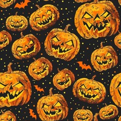Jack-o'-lantern pumpkin lantern for Halloween on white background. Seamless pattern. The concept of autumn, Halloween
