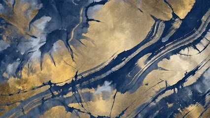 Opulent Abstract Art with Metallic Gold and Deep Navy Blue - Luxurious Marbled Effect with Flowing Organic Shapes, Dynamic Composition with Rich Textures and Elegant Color Blending