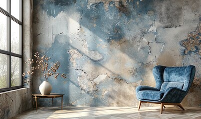 Scandinavian-inspired modern living room with striking blue wingback chairs against a Venetian stucco background