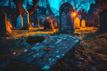 Tombstones in an old cemetery at night. Halloween concept, day of the dead