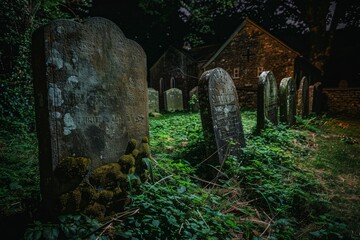 Tombstones in an old cemetery at night. Halloween concept, day of the dead