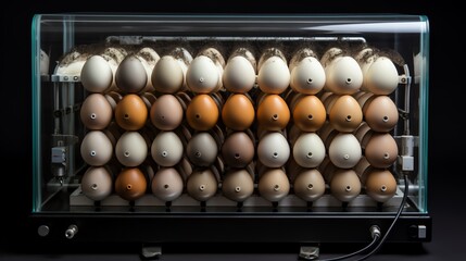 A variety of chicken eggs in an incubator.