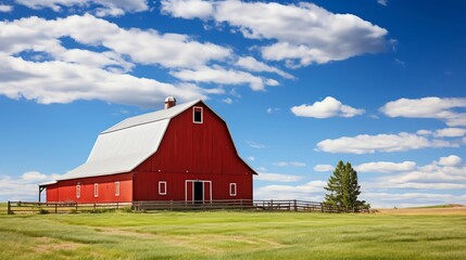 A red barn sits in a green field under a blue sky with white clouds.