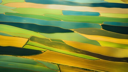 An aerial view of a patchwork of colorful farm fields.