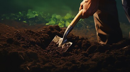 A farmer shovels rich, dark soil in preparation for planting.