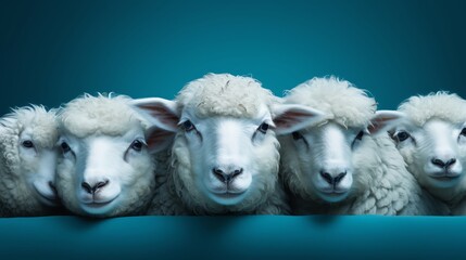 Four sheep in a row against a blue background. The sheep are all looking at the camera.