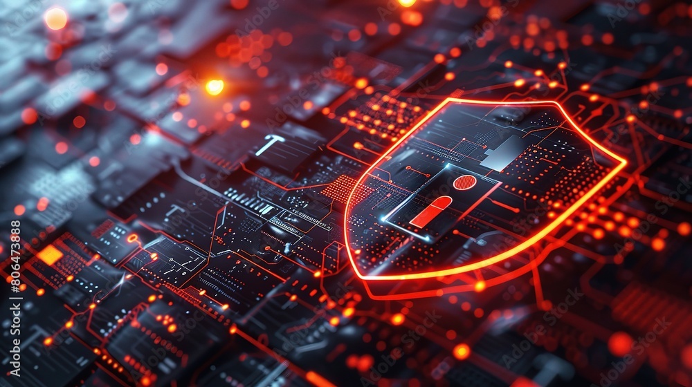 Poster a cybersecurity concept with a shield-shaped lock surrounded by digital circuitry and encryption alg