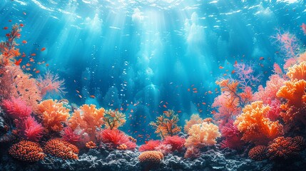 A colorful coral reef with many fish swimming around