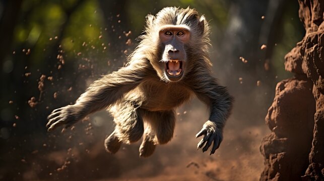 Bumbling baboon caught mid-swing,