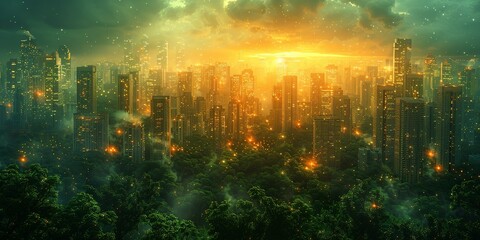 Fototapeta premium A cityscape with a bright orange sun in the background