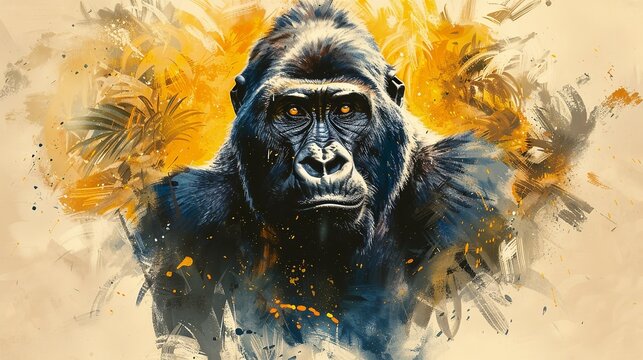 A gorilla is staring at the camera with a yellow background
