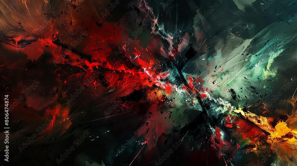 Poster abstract contrast between light and darkness, with a red light shining in the foreground and a dark 
