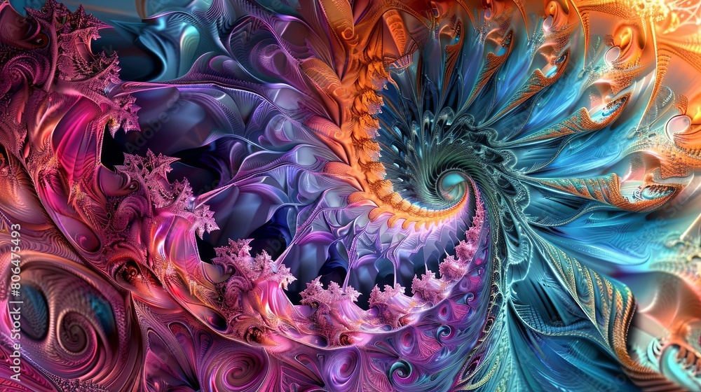 Poster abstract fractal patterns in visual composition featuring a colorful array of shapes and sizes, incl