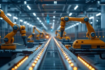 A high-tech manufacturing facility equipped with robotic arms and conveyor belts, showcasing the future of industrial automation 