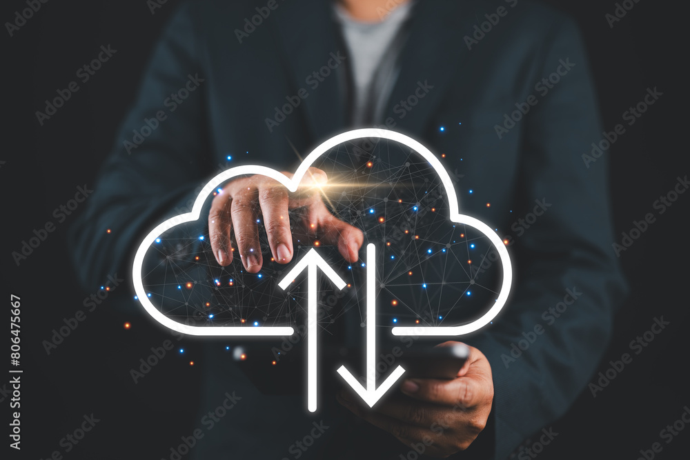Poster businessman holding mobile phone which on the top of phone has upload and download cloud space compu