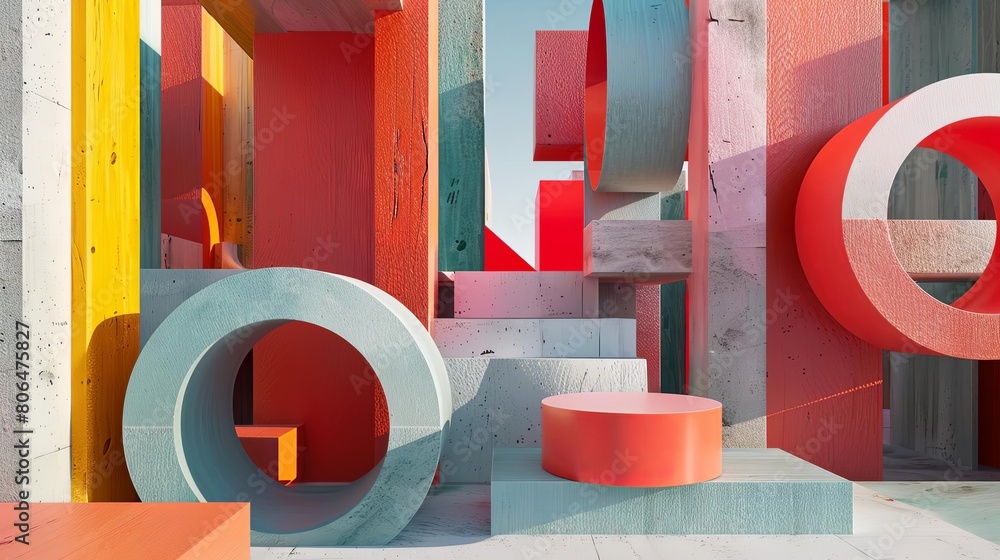 Poster abstract geometric structures with monochromatic colors displayed on a red wall, accompanied by a ro