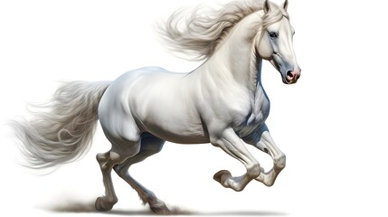 Elegant horse in mid-gallop, set against a pristine white backdrop,