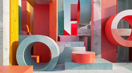 abstract geometric structures with monochromatic colors displayed on a red wall, accompanied by a round red stool - Powered by Adobe