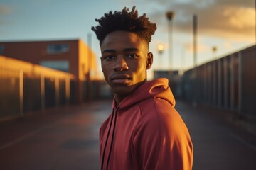 Fototapeta premium A Close-Up Portrait of a Determined Young Athlete with the Vibrant Hues of a Sunset-Lit Basketball Court in the Background