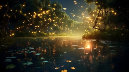 Enchanting fireflies dancing above a serene pond,