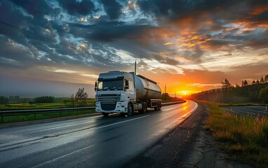 
Big White Truck on Road in Rural Landscape at Sunset. Beautiful Cloudy Sky. passing the Asphalt Road. beautiful view