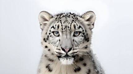 Obraz premium Enigmatic snow leopard against a white background, piercing eyes and spotted fur