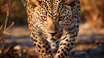 Focused leopard stealthily stalking prey, sharp eyes and sleek fur