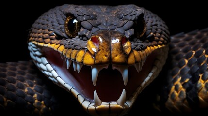 Gaze of a venomous snake, fangs exposed,