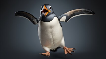 Goofy penguin doing a clumsy waddle, wings akimbo - obrazy, fototapety, plakaty