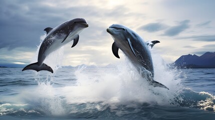 Obraz premium Graceful dolphins leaping in synchronized harmony