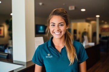 Fototapeta premium A Smiling Individual Proudly Standing Before the Newly Opened Downtown Physical Therapy Clinic Ready to Welcome Patients